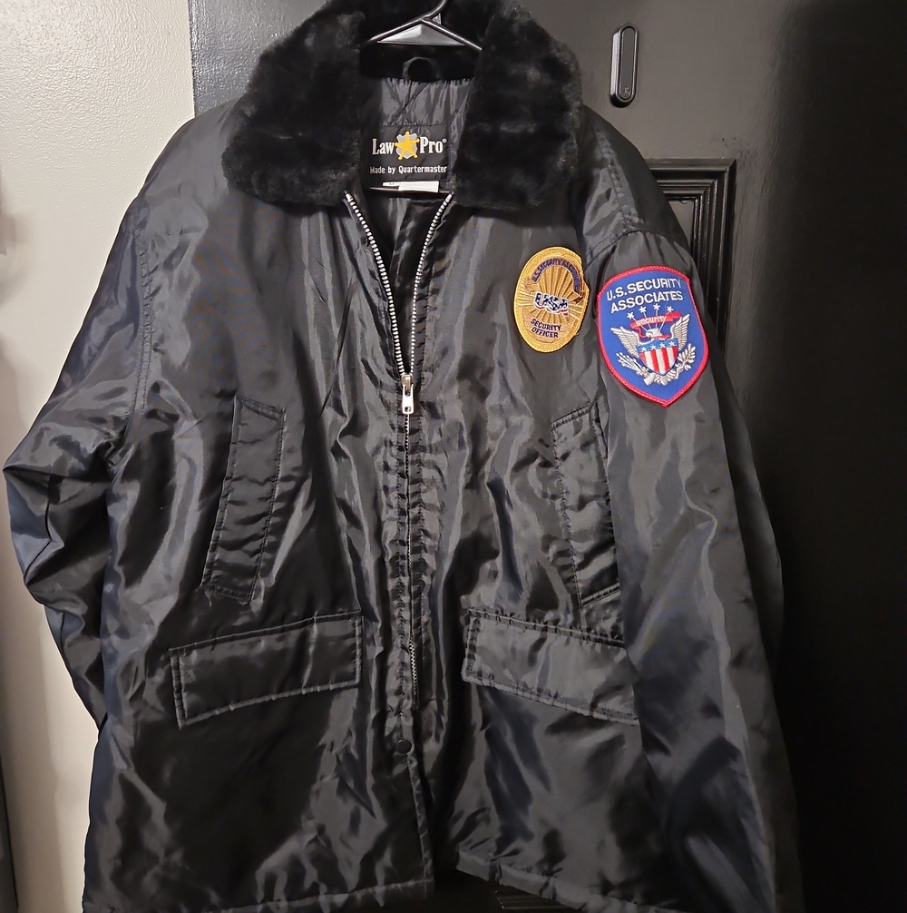 Mens Black Law Pro Security Jacket with Fur Collar, Hood Missing